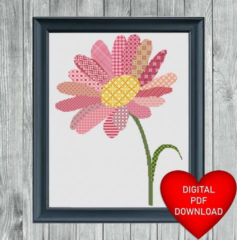 Flower Cross Stitch Pattern, Flower Cross Stitch, Cross Stitch Fonts, Flower Cross, Patchwork Patterns, Dmc Floss, Extra Fabric, Daisy Flower, Le Point