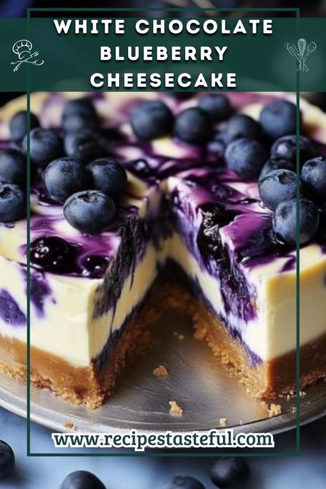 This White Chocolate Blueberry Cheesecake is a delightful combination of creamy white chocolate and tangy blueberry puree, set on a buttery graham cracker crust. The marbled effect makes it as beautiful to look at as it is to eat, perfect for special occasions or a luxurious dessert at home! White Chocolate Blueberry Cheesecake, Chocolate Blueberry Cheesecake, White Chocolate Cheesecake Recipes, Blueberry Puree, Marble Cheesecake, Blueberry Cheesecake Recipe, Chocolate Blueberry, Blueberry Chocolate, White Chocolate Cheesecake