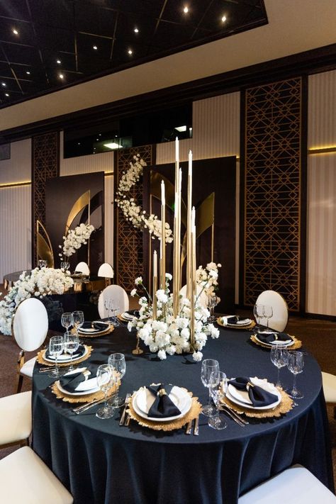 Black And Gold Wedding Theme Decorations, Gala Wedding Theme, Gold Prom Decorations, Black Gold Wedding Reception, Black And Blue Wedding Theme, Black Gold White Wedding, Black Wedding Centerpieces, Black And Gold Wedding Theme, Pink Color Palettes