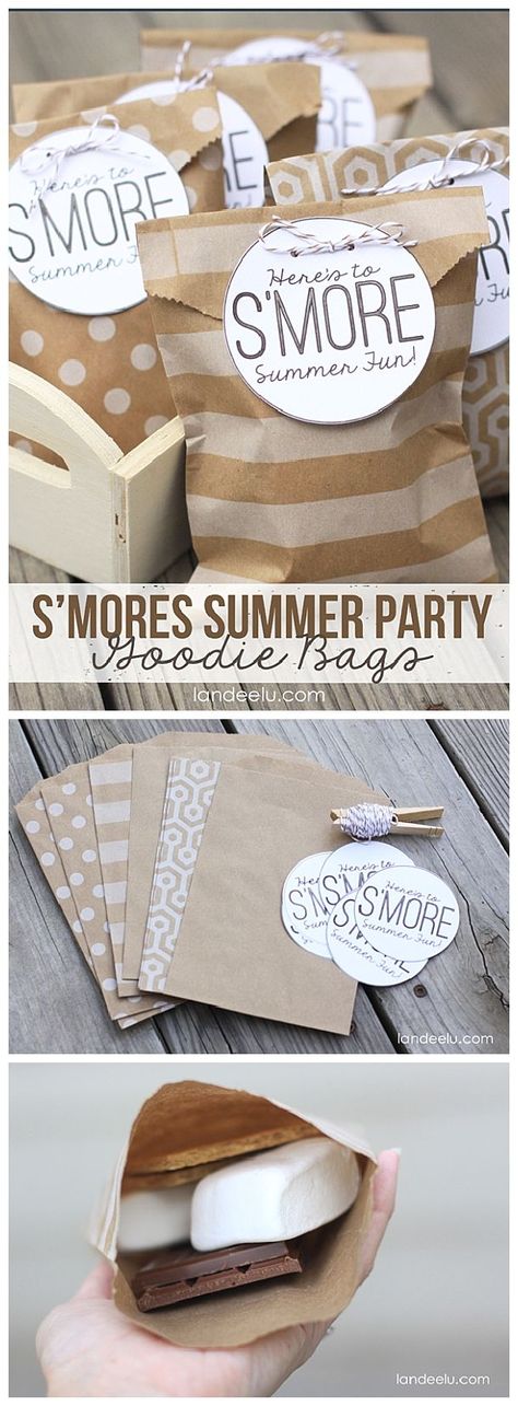 DIY S'Mores Summer Party Goodie Bags! EASY tutorial and FREE Printable Goodie Bag Tags from http://Landeelu.com Party Goodie Bags, Pyjamas Party, Anniversaire Diy, Summer Printables, Diy Party Favors, 카드 디자인, S'mores, בר מצווה, Camping Party