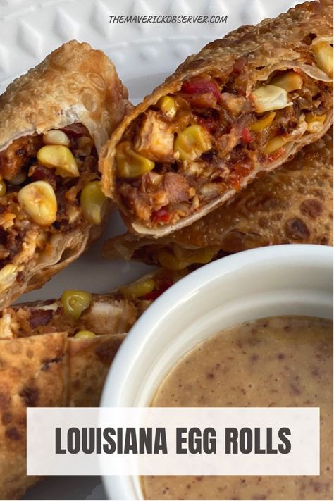 Cajun Chicken Egg Rolls, Spicy Chicken Egg Rolls, Cajun Street Food, Cajun Egg Rolls, Voodoo Egg Rolls Recipe, Boudin Egg Rolls, Cajun Recipes Louisiana Authentic, Cajun Recipes Louisiana, Cajun Appetizers