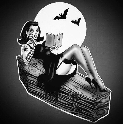 ~Goth Reading Under The Moon ~ Horror Pinup, Zombie Pin Up, Pinup Tattoo, Halloween Pin Up, Zombie Girl, Psychobilly, Vintage Horror, Pin Up Art, Creepy Cute