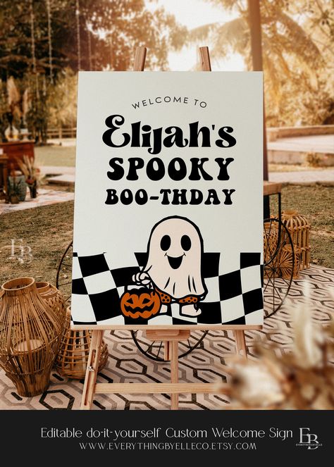 Spooky Birthday Invitations, Spooky Dude Birthday, One Spooky Dude Birthday Decorations, One Spooky Dude Birthday, 1st Birthday Welcome Sign, Halloween Toddler Party, Halloween Theme Birthday, Two Spooky, Spooky Birthday