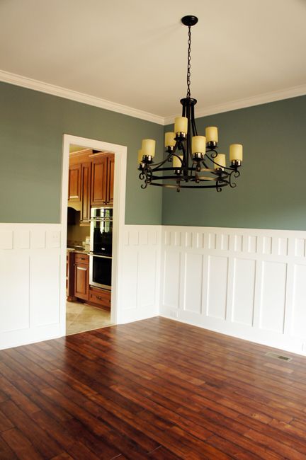 I took the week off from work to finish things up around the house - such as, closet shelving, bathroom fixtures, flooring in the exercise r... Wainscoting Bedroom, Dining Room Wainscoting, Wainscoting Styles, White Wainscoting, Classic Dining Room, Dining Room Remodel, Dining Room Colors, Welding Table, Green Walls