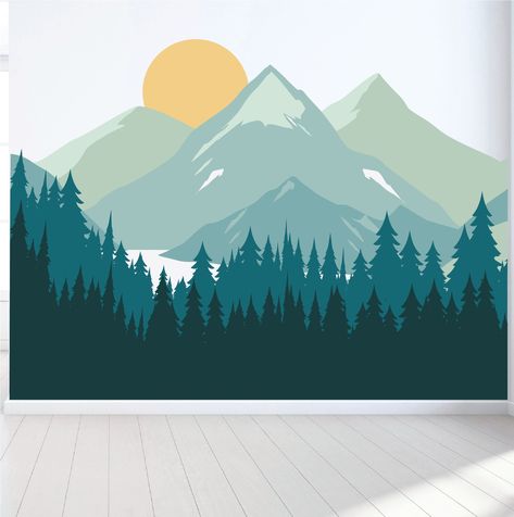 Blue Mountain Nursery, Woodland Wall Mural, Wall Mural Forest, Blue Nursery Wall, Wing Ideas, Adventure Room, Mountain Wall Mural, Camper Reno, Mountain Mural