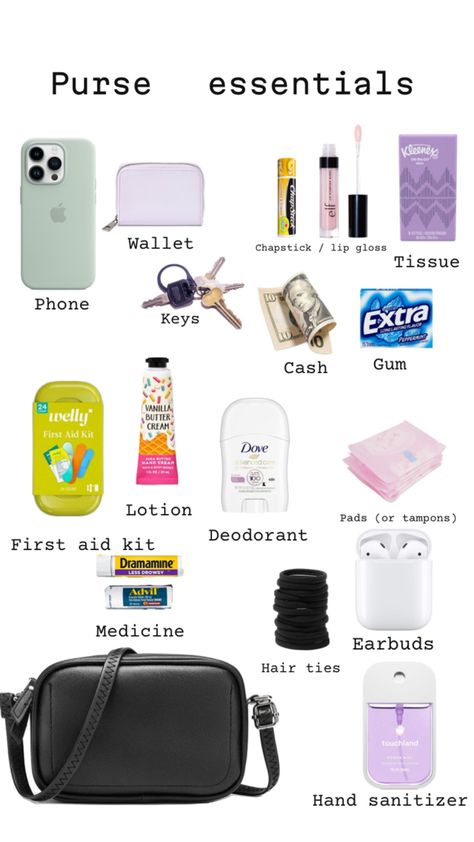 Text reading purse essentials with a black bag and iPhone wallet keys cash Lou gloss or chap stick tissue gum first aid kit lotion deodorant pads medicine hair ties earbuds and hand sanitizer Summer Bag Essentials, Aesthetic Purse, School Emergency Kit, School Backpack Essentials, Everyday Bag Essentials, School Bag Essentials, Backpack Essentials, Travel Bag Essentials, School Kit