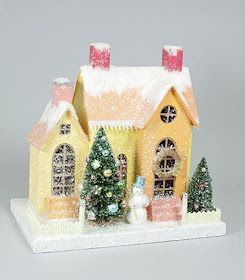 Mod Vintage Life: More Putz Houses Putz House, Diy Christmas Village, Christmas Village Houses, Pressed Paper, Brush Trees, Glitter Houses, Cardboard House, Putz Houses, Christmas Town