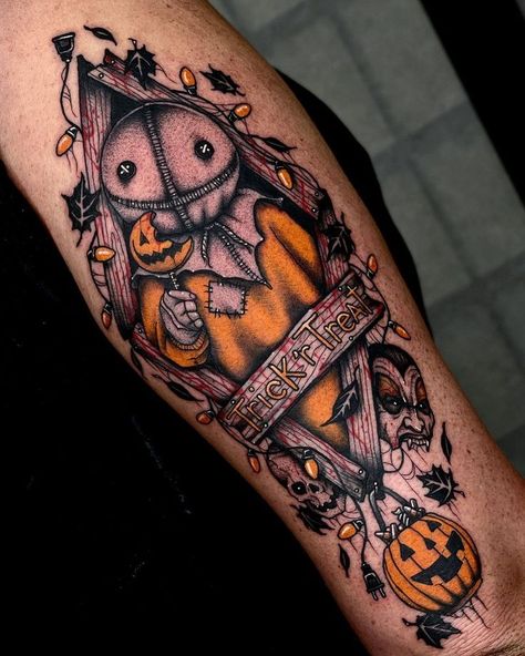 Trick Or Treat Tattoo Ideas, Halloween 3 Tattoo, Scary Halloween Tattoos, Sam Trick R Treat Nails, Trick R Treat Nails, Horror Movie Sleeve Tattoo, Horror Movies Tattoos, Sam Trick R Treat Tattoo, Trick Or Treat Tattoo