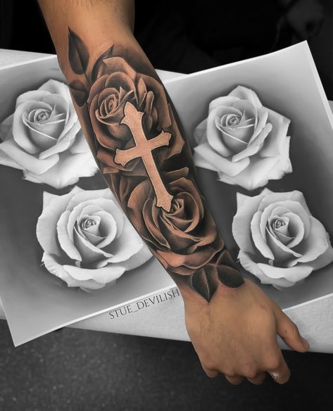 Realistic Rose Tattoo, Rose Tattoos For Men, Rose Tattoos For Women, Cross Tattoos For Women, Cute Hand Tattoos, Cross Tattoo For Men, Forarm Tattoos, Forearm Sleeve Tattoos, Cool Forearm Tattoos