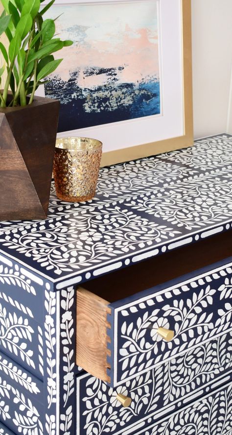 Bone Inlay Diy, Stenciled Tables, Paint Ideas For Home, Up Cycling Furniture, Entrance Tiles, Stencil Dresser, Bone Inlay Dresser, Stencil Paint, Diy Stencil