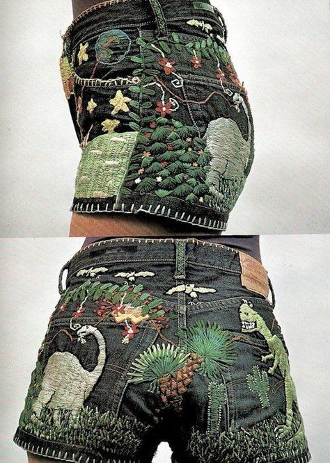 Vestiti In Jeans, Diy Vetement, 자수 디자인, Embroidered Shorts, Embroidery Inspiration, Hippie Style, Embroidery Art, True Religion, Dinosaurs