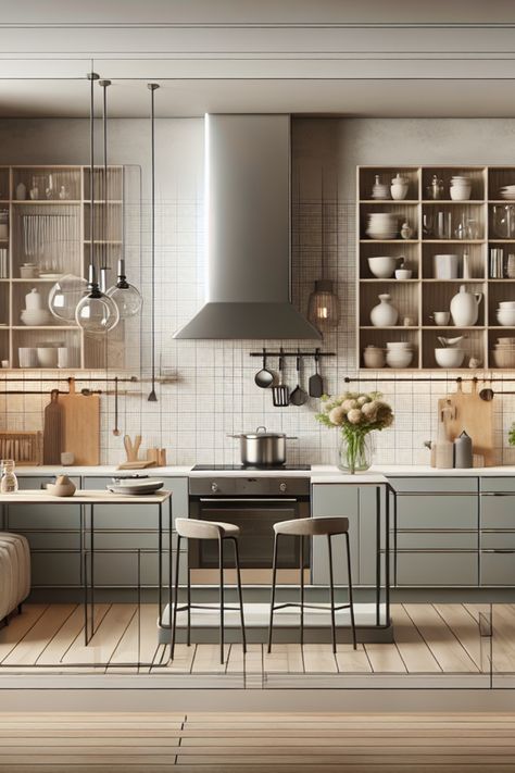 Modern kitchen with open shelving, hanging lights, and a central island with two stools. Modern Small Kitchen Design, Smart Kitchen Technology, Hacks For Small Spaces, Handleless Cabinets, Kitchen Big, Functional Kitchen Design, Small Kitchen Design, Design Strategies, Design Hacks