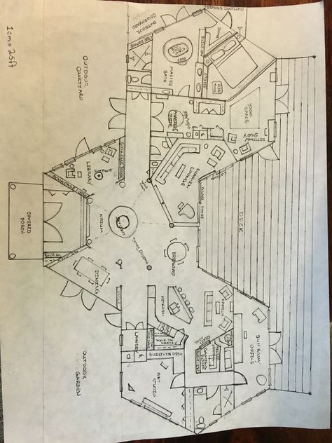 Hexagon floor plan I made. I'm not an architect but I just love to design floor plans. Hexagonal Floor Plan, Hexagonal Plan Architecture, Hexagon Plan Architecture Design, Hexagon Floor Plan, Hexagon House Plans, Hexagon Plan, Hexagonal House, Hexagonal Architecture, Library Floor Plan