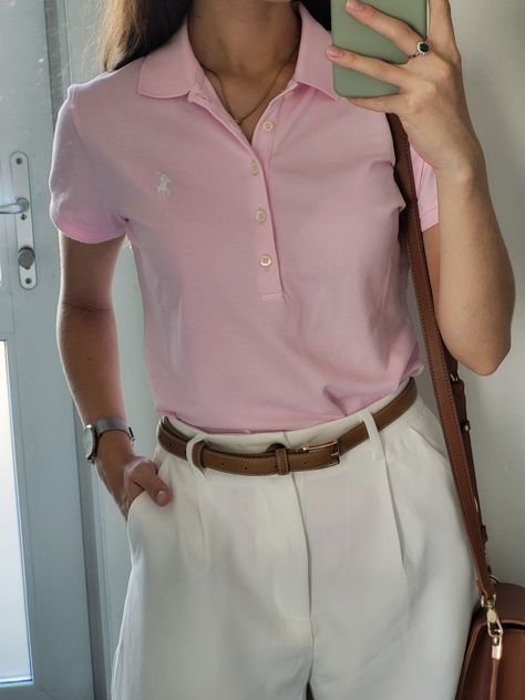 inst: greindfroz Pink Polo Outfit, Pink Polo Shirt Outfit Woman, Polo Shirt Outfit Women's, Polo Shirt Outfits, Pink Polo Shirt, Polo Outfit, Formal Wear Women, Pink Polo, Classic Outfit