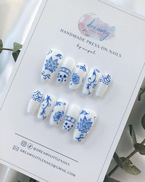 Chinese Porcelain💙 Custom request for a hand-painted Chinese porcelain inspired design featuring lotus flowers and drawn in a shade of… Blue And White Nails, Japanese Nail Art, Cute Acrylic Nail Designs, Japanese Nails, Slime Asmr, Kawaii Nails, Lotus Flowers, Nail Designs Summer, Chinese Porcelain