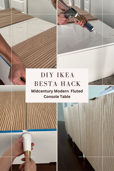 Transform an Ikea Besta into a midcentury modern console table using oak pole wrap and fresh hardware. This is an easy DIY anyone can do! Check out more details on the blog. Ikea Media Console Hack Besta, Fluted Buffet Cabinet Diy, Oak Pole Wrap, Ikea Besta Hack Bedroom, Slat Furniture Diy, Furniture With Pole Wrap, Ikea Cabinet Upgrade, Ikea Besta Cabinet Hack, Diy Ikea Tv Unit