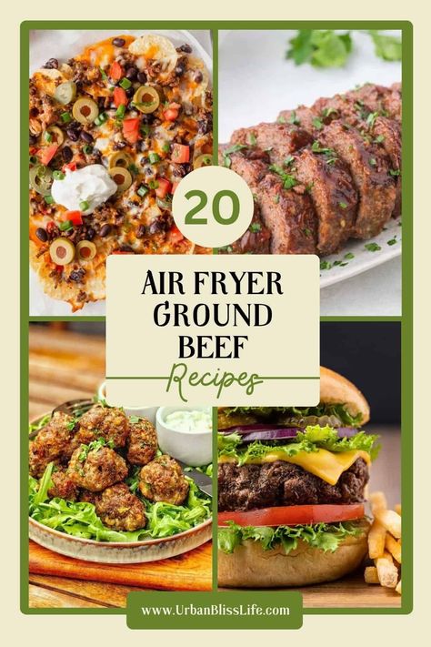 These 20 Air Fryer Ground Beef Recipes are easy, delicious recipes that will satisfy your taste buds. Find this air fryer recipe collection at UrbanBlissLife.com. Ground Beef Air Fryer, Air Fryer Ground Beef Recipes, Beef Air Fryer, Bacon Wrapped Meatballs, Traditional Meatloaf Recipes, Juicy Lucy Burger, Cooking With Ground Beef, Classic Meatloaf Recipe, Best Air Fryer