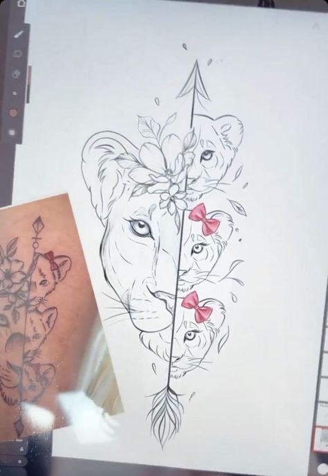 #tattoo, #tattoos, #inked, #tattooart, #tattooedwomen, #tattooedguys, #tattooinspiration, #tattooideas, #tattooworldwide, #tattoosociety, #InkLaughs, and #TattooFails​ Mama Lion And 3 Cubs Tattoo, Female Arm Tattoos Ideas Half Sleeves, Tattoo Ideas For Moms With Kids, Lioness And Cub Tattoo, Minimalistic Tattoo Ideas, Tattoo Kids, Mother Tattoos For Children, Cubs Tattoo, Mom Daughter Tattoos