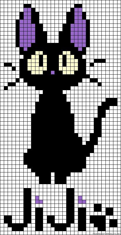 Jiji cat - Kiki's Delivery Service perler bead pattern Jiji Perler Bead Pattern, Kiki Perler Beads, Perler Bead Patterns Cartoons, Black Cat Perler Bead Patterns, Kiki's Delivery Service Pixel Art, Jiji Pixel Art, Pixel Art Ghibli, Pixel Black Cat, Studio Ghibli Cross Stitch