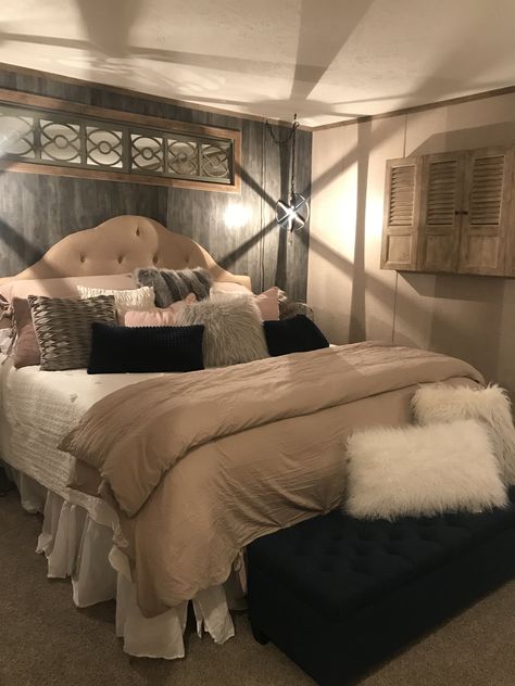 Master bedroom in single wide mobile home Trailer Remodel Single Wide, Single Wide Trailer Remodel, Mobile Home Single Wide, Mobile Home Bedroom, Single Wide Trailer, Single Wide Remodel, Mobile Home Bathrooms, Mobile Home Kitchens, Ikea 2015