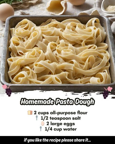 Here's the recipe for Easy Homemade Pasta Dough: Ingredients: - 🍞 2 cups all-purpose flour - 🥄 1/2 teaspoon salt - 🥚 2 large eggs - 🥄 1/4 cup water - 🥄 1/4 cup olive oil Directions: 1. In a medium-sized bowl, combine flour and salt. Make a well in the center and add eggs, water, and olive oil. Mix together until a dough forms. 2. Turn the dough out onto a lightly floured surface and knead until smooth and elastic, about 8 to 10 minutes. If the dough is too sticky, add a little more flour... Fresh Pasta Dough Recipe, Homemade Dough Recipe, Easy Homemade Pasta, Fresh Pasta Recipes, Fresh Pasta Dough, Homemade Pasta Dough, Dried Pasta, Pasta Dough Recipes, Egg Pasta