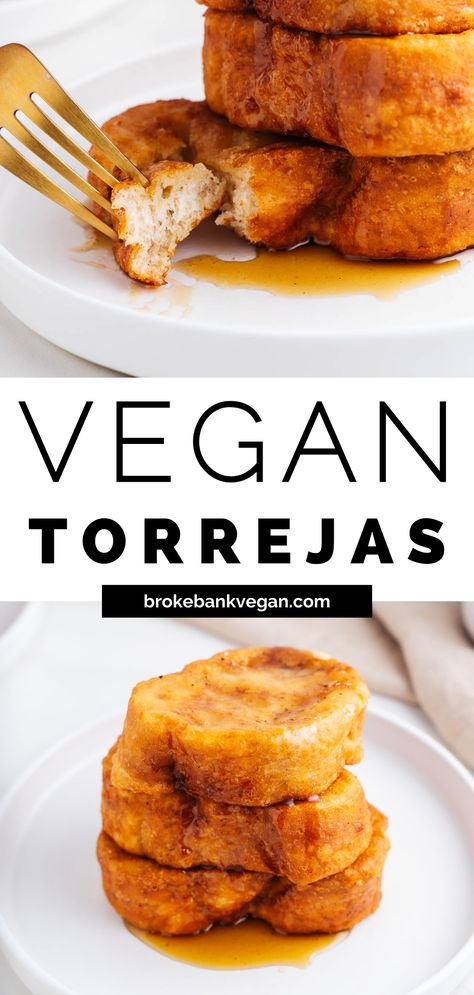 Try torrejas for a Mexican take on French toast. In this vegan version, bolillo bread is coated with plant milk and chickpea flour to replace the egg batter. The slices are cooked to golden brown perfection, then finished off with a cinnamon-infused piloncillo syrup. Enjoy this recipe for breakfast or dessert on your next weekend off! #torrejas #vegantorrejas #frenchtoast Vegan Mexican Breakfast, Savoury French Toast, Toaster Strudel, Vegan French Toast, Vegan French, Recipe For Breakfast, Vegan Whipped Cream, Mexican Breakfast, Plant Milk