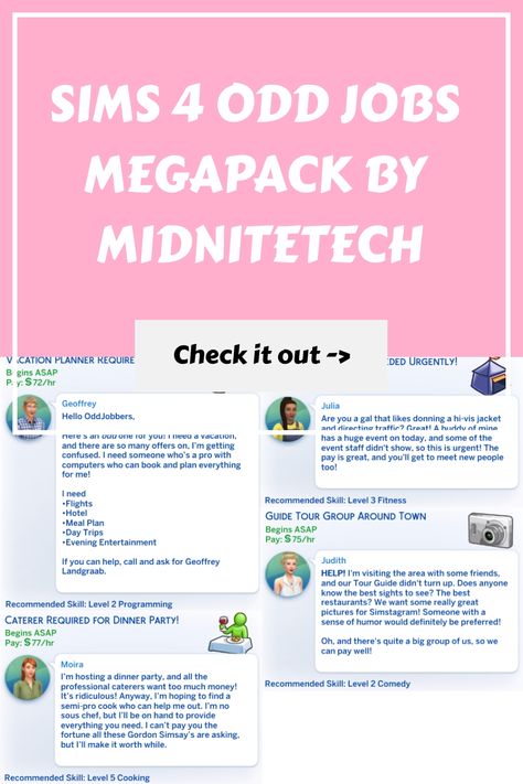 Bored of the current in-game odd jobs? Then you need to download this megapack that includes 28 new odd jobs for your Sims. These odd jobs all come in separate files, so you can download Jobs Sims 4, Sims 4 Woohoo Mod, Sims Cheats, Sims 4 Jobs, Computer Lessons, Sims 4 Cc Kids Clothing, Odd Jobs, Cheat Codes, Event Makeup