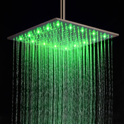 Modern 16 Inch LED Square Stainless Steel Rain Showerhead in Brushed Nickel Rain Shower Head Ceiling, Brass Shower Head, Led Shower Head, Green Led Lights, Waterfall Shower, Luxurious Showers, Led Color Changing Lights, Rainfall Shower Head, Green Led