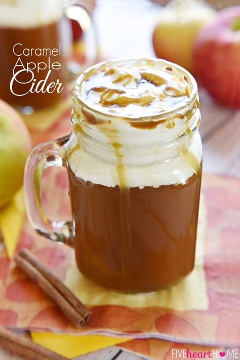 Caramel Apple Cider ~ this copycat of a Starbucks Caramel Apple Spice tastes like warm apple pie topped with vanilla ice cream...in a mug! | FiveHeartHome.com | #Starbucks #copycat #recipe #applecider Starbucks Caramel Apple Spice, Caramel Apple Cider, Caramel Apple Spice, Apple Cider Recipe, Starbucks Caramel, Apple Cider Caramels, Starbucks Diy, Copycat Starbucks Recipes, Cider Recipe