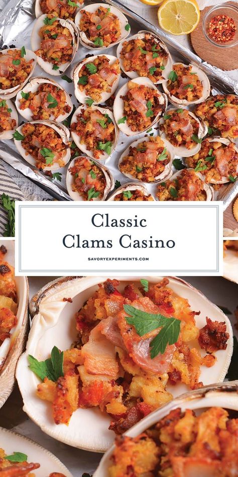 This classic Clams Casino recipe combines clams, crispy bacon, a buttery stuffing, and bright bell peppers for a crowd-pleasing appetizer! Clams Casino Dip Recipe, Clams Casino With Bacon, Clams Casino Pizza, Clam Casino Recipe, Littleneck Clam Recipes, Clams Casino Recipe, Clams Casino, Lobster Dishes, Delicious Seafood Recipes