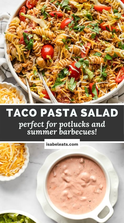 A Taco Pasta Salad filled with ground beef, veggies, cheese, tortilla chips, and dressed in a creamy catalina dressing! Taco Pasta Salad With Catalina Dressing, Ground Beef Pasta Salad, Taco Pasta Salad Recipes, Cold Taco Pasta Salad, Big Mac Pasta Salad, Deli Pasta Salad, Catalina Dressing, Taco Pasta Recipes, Isabel Eats