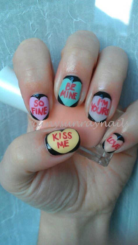 rainysunraynails: Conversation Hearts Nail Art #conversationhearts #valentinesnailart #vdaynailart #nailart #heartcandynailart #heartcandy #hearts #heartnailart #valentinesmanicure Anti Valentines Nails Designs, Dark Valentine’s Day Nails, Hate Valentines Day Nails, Non Traditional Valentines Day Nails, Anti Valentines Day Nails Acrylic, Cute Valentines Nail Ideas, Goth Valentine Nails, Punk Valentines Nails, Anti Vday Nails