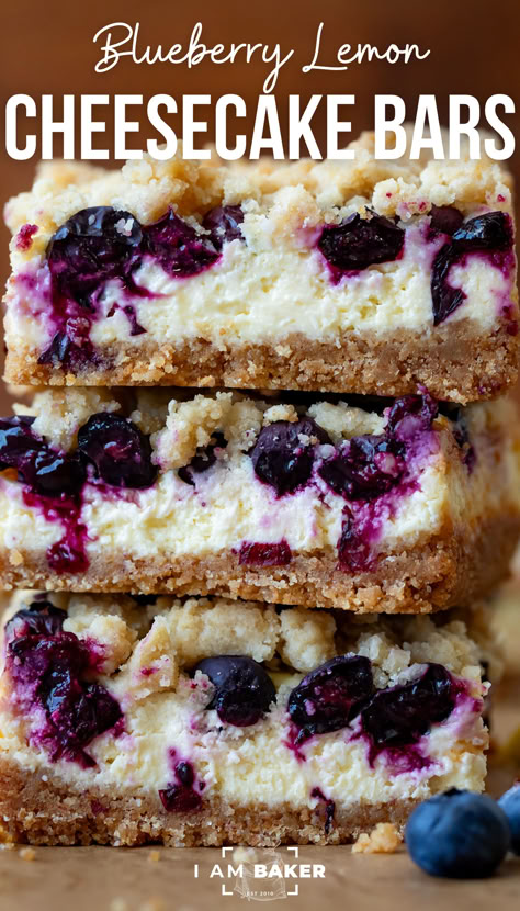 three bars are in a stack on a light colored countertop Lemon Blueberry Cream Cheese Bars, Oatmeal Cheesecake Bars, Blueberry Lemon Desserts, Blueberry Desserts Easy, Dessert Recipes Blueberry, Blueberry Cream Cheese Dessert, Deserts Recipes Easy Quick, Kid Friendly Desserts, Dessert Ideas For Party