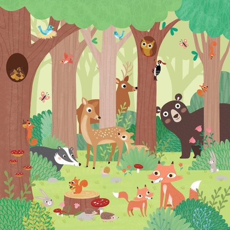 Forest Animals Illustration, Animal Illustration Kids, Woodland Illustration, Forest Drawing, Kids Cartoon Characters, Deer Photos, 강아지 그림, Forest Illustration, Cartoon Background