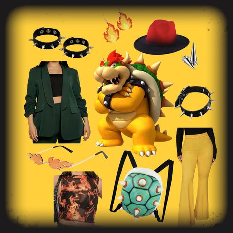 Womens Bowser Costume, Bowser Outfit Ideas, Female Bowser Cosplay, Bowser Costume Diy Women, Bowser Costume Female, Bowser Outfit, Mario Inspired Outfits, Diy Bowser Costume, Bowser Halloween Costume