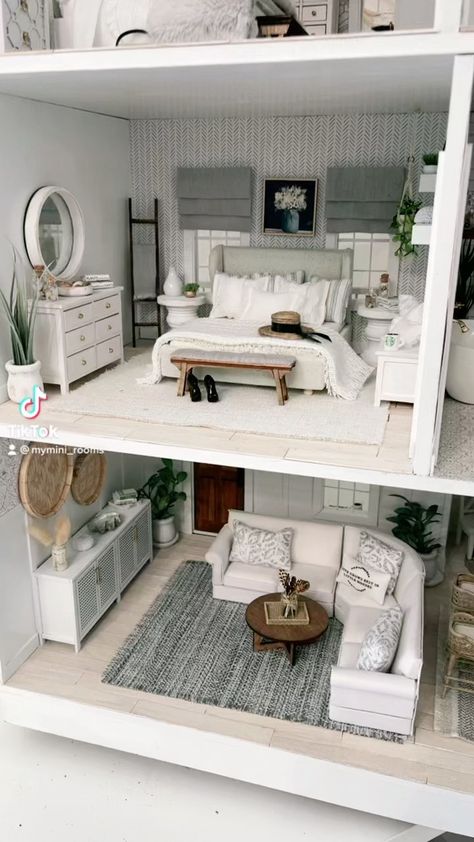 Modern Dollhouse Bedroom, Doll House Sofa Diy, Barbie Living Room Ideas, Doll House Bedroom Ideas, Barbie Doll Room Ideas, Dollhouse Ideas Interiors, Mini Dollhouse Furniture Diy, Modern Dolls House Interiors, Dollhouse Living Room Ideas