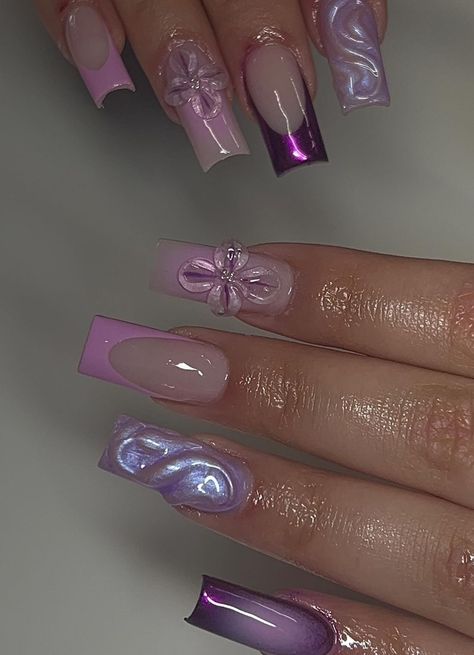 Purple 3d Flower Nails, Square 3d Nails, Purple 3d Nails, 3d Nail Designs Unique, Purple Birthday Nails, Purple Flower Nails, Long Nails Ideas, Purple And Silver Nails, Mom Nails