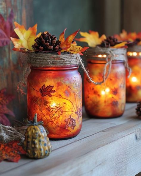 Woman saves some old pickle jars, creates best fall decorating idea Thanksgiving Jars Ideas, Fall Decor With Mason Jars, Pumpkin Jars Painted, Autumn Jars Crafts, Fall Mason Jar Crafts Diy, Fall Jar Crafts, Decorating Mason Jars Ideas, Christmas Crafts With Jars, Mason Jar Crafts For Kids