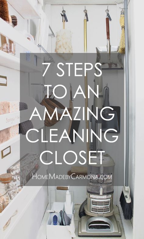 7 Steps To An Amazing Cleaning Closet Walk In Broom Closet, Deep Utility Closet, Organized Broom Closet, Catch All Closet Organization, Organize Broom Closet, Small Broom Closet Organization, Broom Closet Storage, Organizing Utility Closet, Cleaning Closet Storage