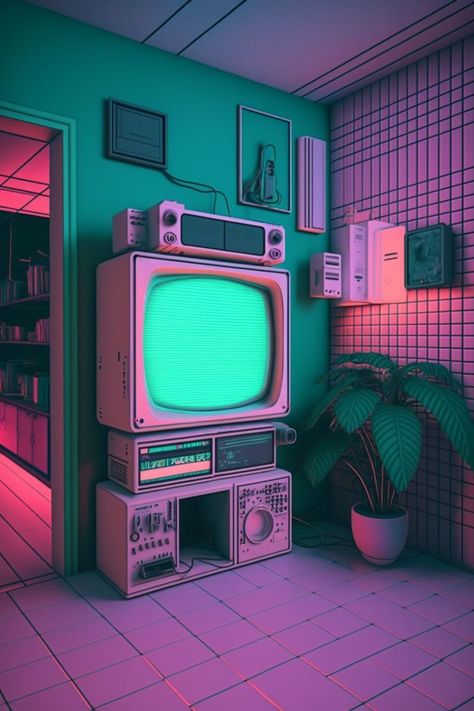 Chill Art Aesthetic, Vaporwave Office, Vaporwave Room Decor, Vaporwave Interior, Vaporwave Aesthetic Wallpaper, Game Widget, Vaporwave Decor, Vaporwave Room, Synthwave Aesthetic