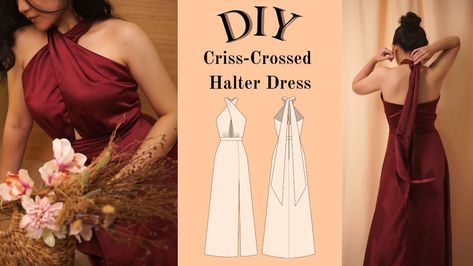 Easy Prom Dress Pattern, Halterneck Dress Pattern, Bridesmaid Dress Sewing Pattern, Halter Dress Sewing Pattern, Satin Dress Pattern Sewing, Satin Dress Sewing Pattern, Free Prom Dress Patterns, Diy Halter Dress, Simple Christmas Dress