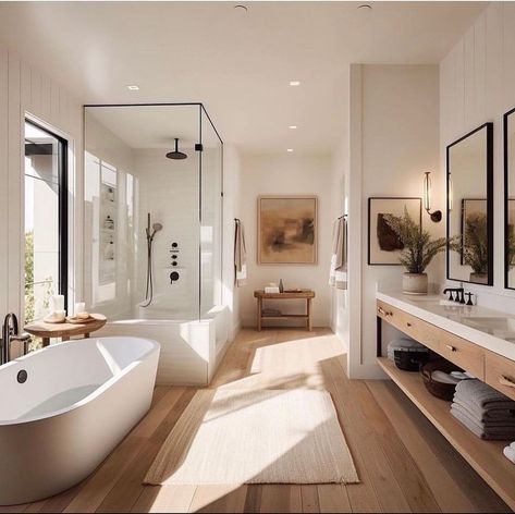 Master Bath With Hardwood Floors, Beautiful Bathrooms Modern Luxury, Modern Warm Bathroom, Resort Style Bathroom, Modern House Ideas, Planning 2024, Drømme Bad, Luxury Minimalism, Design Interior Baie