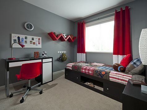 Milner Heights Radius Townhomes Red Grey And Black Bedroom, Grey And Red Bedroom Ideas, Red Kids Bedroom, Red Boys Bedroom Ideas, Black And Red Boys Bedroom, Red And Black Room, Boys Bedroom Red Accessories, Red Led Lights Boys Room, Red Boys Bedroom