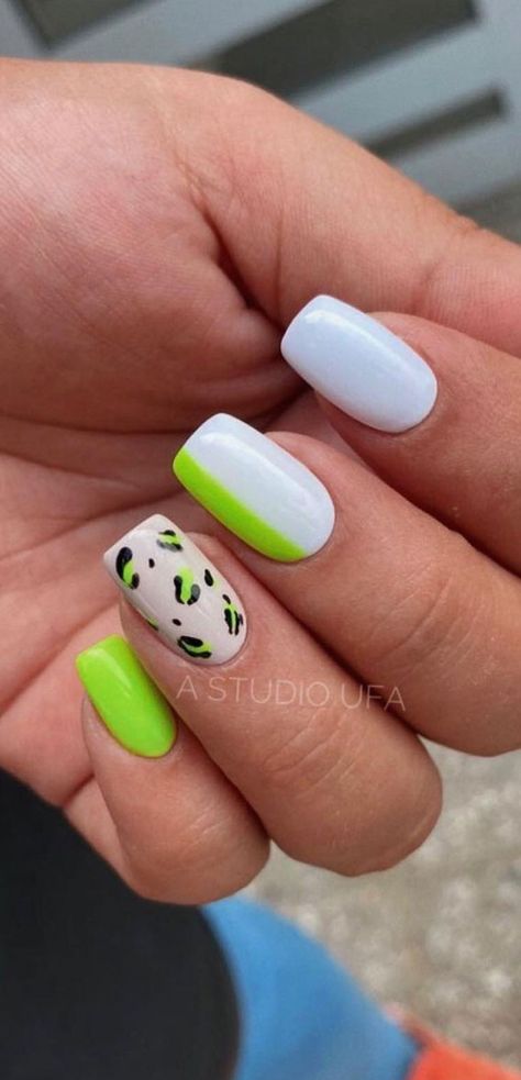 leopard nails, neon green and white nails, bright green and white summer nails, leopard nail art designs White And Bright Nails, White And Neon Green Nails, White Nails With Neon Design, Neon Green And White Nails, White Nails With Colorful Designs, White Nails With Neon, White And Neon Nails, Bright Green Nails, Green And White Nails