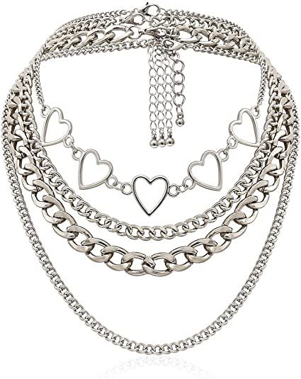 Amazon.com: Simple Hearts Necklace Lolita Choker Chain for Girls Women Layered Cuban Chunky Chain Necklace Chic Style Wedding Dress Jewelry (Silver 1): Jewelry Egirl Jewelry, Y2k Chain, Indie Necklace, Grunge Chokers, Simple Heart Necklace, Multilayer Necklace, Grunge Accessories, Wedding Dress Jewelry, Key Pendant Necklace