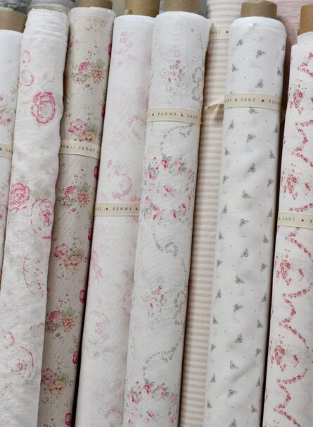 Peony And Sage, Cottage Curtains, Shabby Chic Quilts, Sage Fabric, White Lace Fabric, Small Cottages, Corner Shop, Beginner Sewing Patterns, Shabby Look