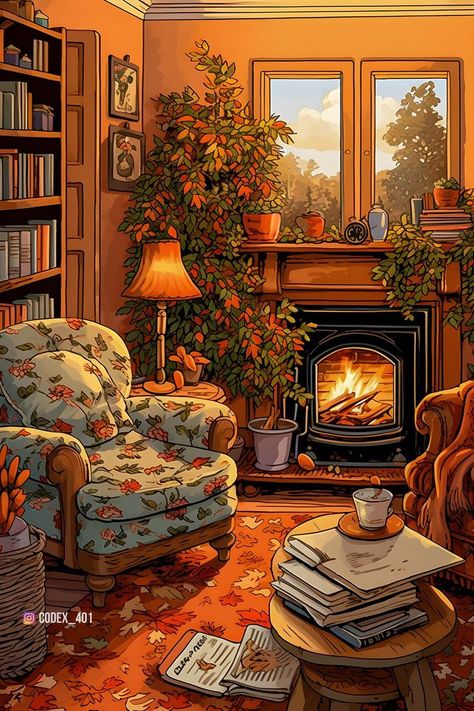 Living Room Illustration, Fall Illustration, Cottagecore House, Cosy Mysteries, Cottage Decor Farmhouse, Paris Inspired, Cosy Room, Relaxing Art, Interior Illustration