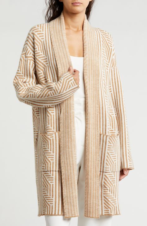 Joseph A Geometric Longline Cardigan available at #nordstromrack Longline Cardigan, Sweaters Crewneck, Stay Cozy, Silhouette Design, Shawl Collar, Go Shopping, Long A Line, Sweater Outfits, Nordstrom Rack