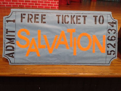 Giant salvation ticket for BHBC Worship Rally Vacation Bible School Circus Theme, Cph Vbs Celebrate The Savior, Carnival Vbs Decorations, Shine Vbs 2024 Decorations, Circus Vbs Decorations, Carnival Vbs, Sports Vbs, Movie Theater Theme, Camp Vbs