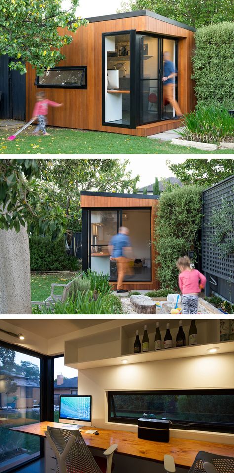 Inoutside Creates A Small Backyard Office Small Backyard Office, Office Backyard, Shipping Container Office, Shed Office, Garden Pods, Studio Shed, Modern Shed, Container Office, Backyard Studio